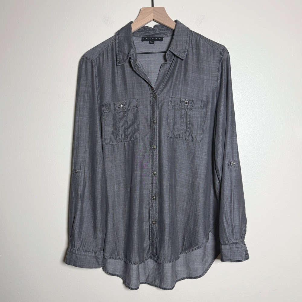 Jane + Delancey Womens Button Down Shirt M Gray Roll Tab Lyocell Grunge Flowy